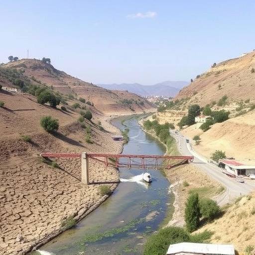 Immagine che mostra un paesaggio italiano colpito dalla siccit&agrave;, con un fiume in secca e terreni aridi