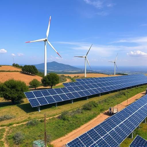 Immagine di un parco eolico e pannelli solari in un paesaggio italiano
