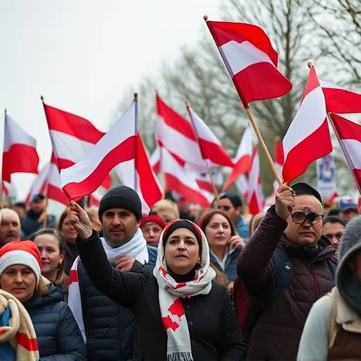 Manifestanti in Bielorussia che sventolano bandiere biancorosse e cartelli di protesta