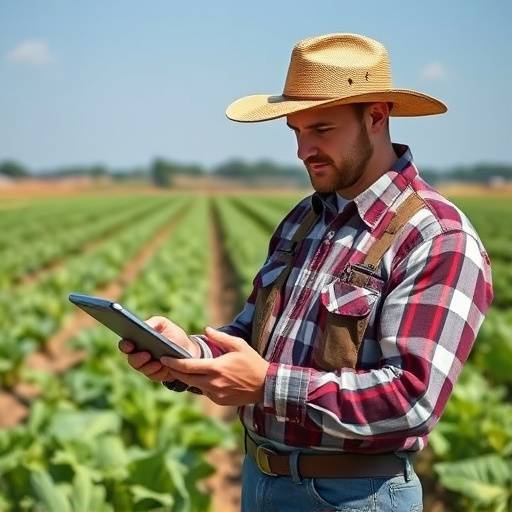Un agricoltore che utilizza un tablet per monitorare i dati provenienti da sensori IoT in un campo