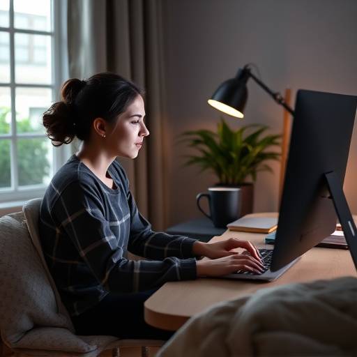 Una persona che lavora da casa al computer con una tazza di caff&egrave;